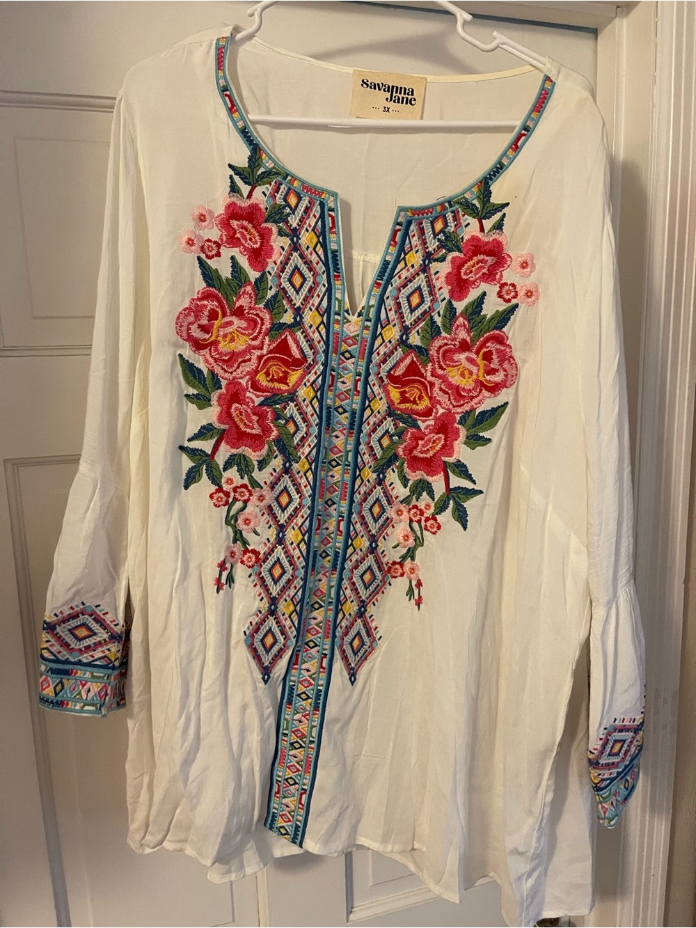 Savanna Jane White Tunic with Pink & Green Floral Embroidery